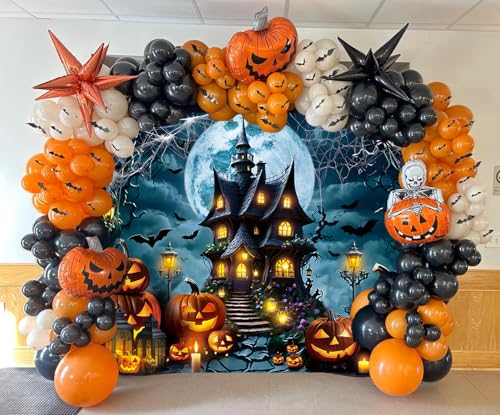 Halloween Horror Castle Backdrop 7x5FT Full Moon Night Pumpkin Lantern Bats Web Scene