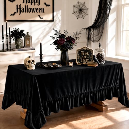 Rectangular Velvet Tablecloth 60x120 Inches - Black, Ruffled, Elegant Party Decor