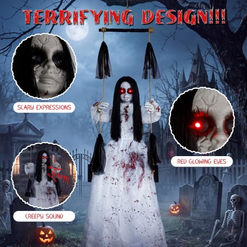 Outdoor Hanging Halloween Decorations with Sound and Fright Features - 4.4FT Swinging Girl