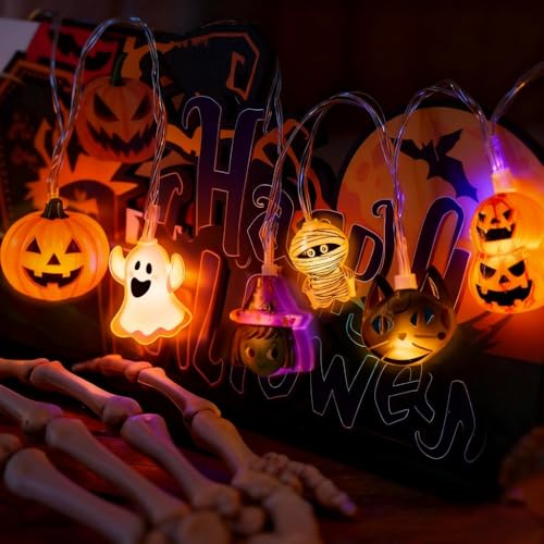 Halloween String Lights with USB Power - 8 Elements Ghosts, Witches, Spiders, Skeletons, Mummies, Pumpkins, Black Cats - Indoor Party Decorations