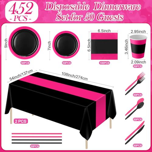 Hot Pink and Black Party Supplies Kit - 452 Pieces for 50 Guests - Pink & Black Theme