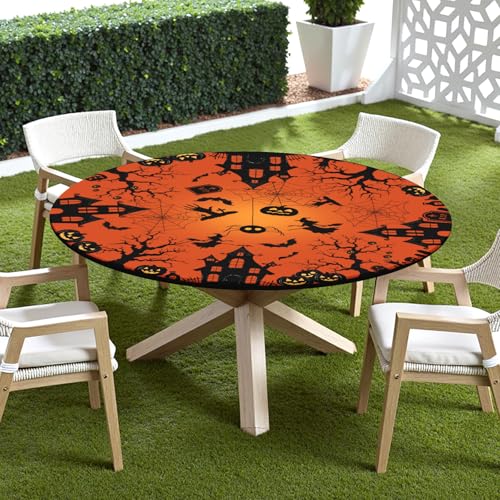 Spooky Spiderweb Halloween Round Fitted Tablecloth 44 Inch Orange & Black Waterproof Cover - Elastic Edge