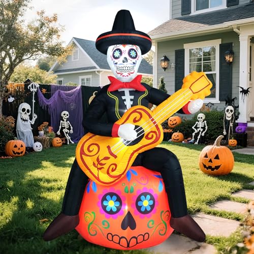Halloween Inflatable Decoration 6 FT Spooky Sugar Skull Guitar Pumpkin with LED Lights - Day of The Dead Yard Decor