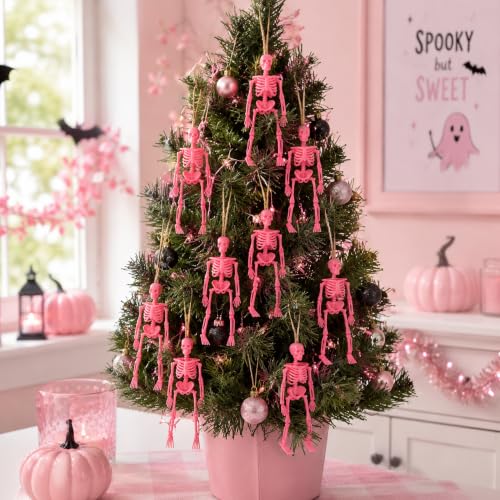 Pink Halloween Mini Skeletons - 24 Posable Hanging Decor, 6 Inch