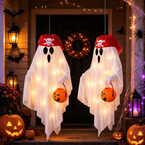 Halloween Pirate Ghost Decorations Set with Lights - White, 29 Inches