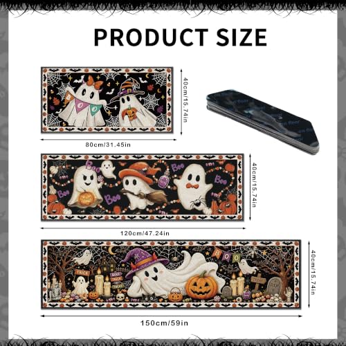 Halloween Ghost Kitchen Rugs Set - Orange & Purple, 3 Sizes, 16x31/47/59 in - Festive Fall Decor