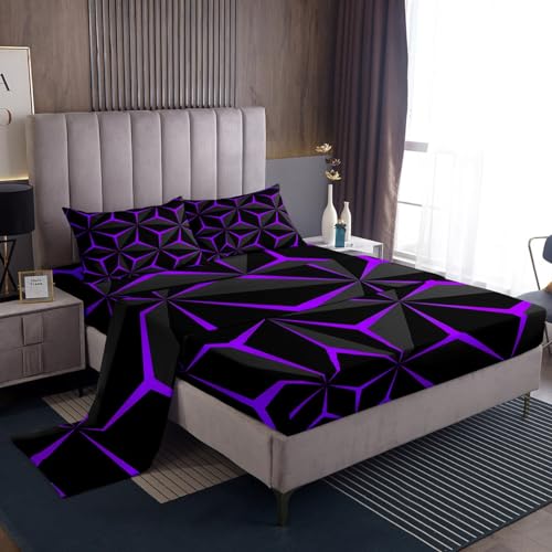Neon Honeycomb Sheet Set King Size - Geometric 3D Purple Bedding for Teens & Adults - Multi 107