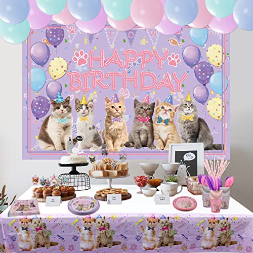 Cat Birthday Party Supplies Set Includes Plates Cups Balloons & Backdrop for Kids - Serves 20