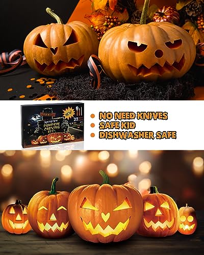 Pumpkin Carving Kit with 23 Stainless Steel Molds & 3 Tools Halloween Decoration Set - Safe & Easy for Kids & Adults