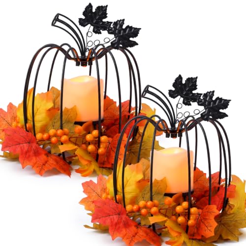 11.5-Inch Black Fall Pumpkin Lanterns with Flickering LED Candles - Set of 2