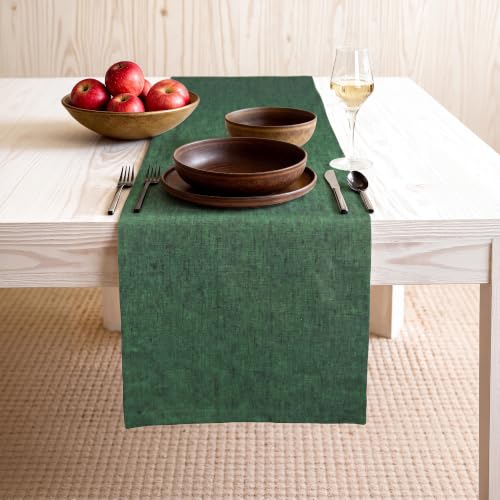 Pure Linen Table Runner 14x108 Inch Farmhouse Dining Decor - Forest Green - Athena