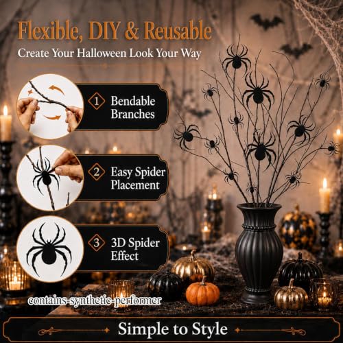30 Inch Halloween Spider Branch Decor with 3D Black Spider Stickers