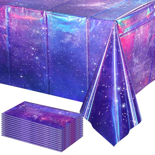 Purple Space Starry Night Tablecloth - 12 Pack, 54x108 Inch Rectangular Iridescent Party Cover - Space Theme Decorations