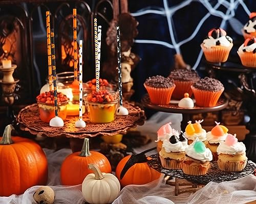 Halloween Paper Straws Penta Angel 50Pcs Pumpkin Bat Spider Skull Pattern - Halloween Party Favor