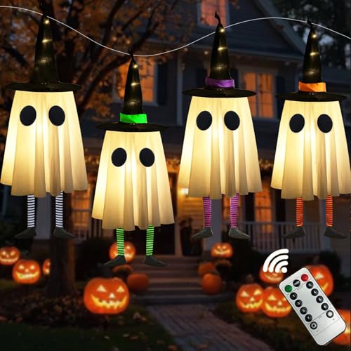 Medium Ghost Halloween Decoration with Witch Hat, Outdoor Ghost Lights