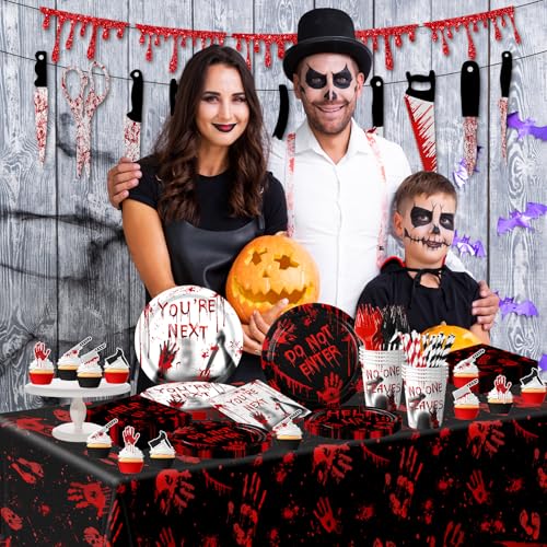 Halloween Party Supplies 142pcs Killer Dinnerware Set Bloody Plates Napkins Cups