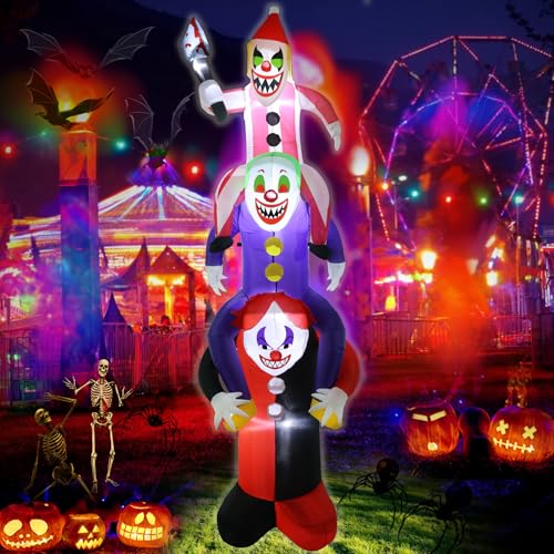 Halloween Inflatable 8ft Scary Clowns Stacked in Human Ladder with LED Lights - Outdoor Decor - Variation of Clown
