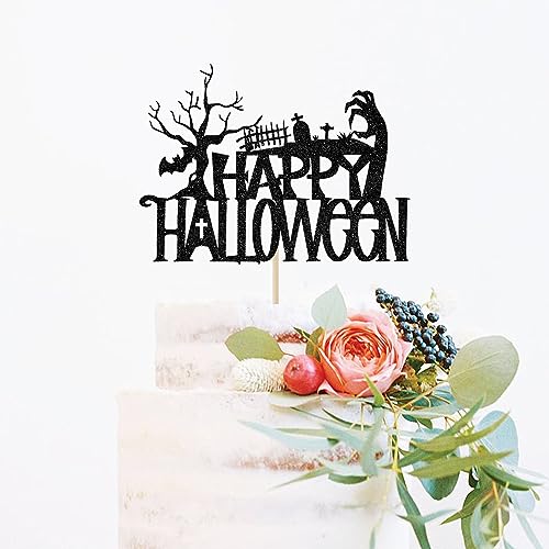 Halloween Cake Topper Black Glitter Spooky Haunted House Decor for Birthday & Party