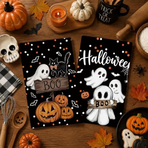 Halloween Ghost Pumpkin Kitchen Towels Set of 2 - Absorbent Dish & Hand Towels