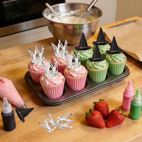 24 Pcs Witch Hat & Silver Crown Cake Toppers for Halloween & Princess Parties