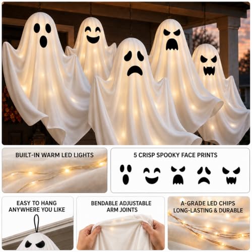 Halloween LED Hanging Ghost Decorations with Timer - Outdoor 27.5 Inch Set of 5