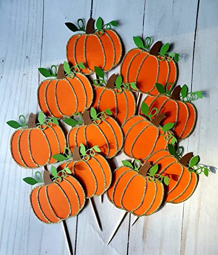 Fall Pumpkin Cupcake Toppers - 12 Glitter Pumpkin Party Decorations