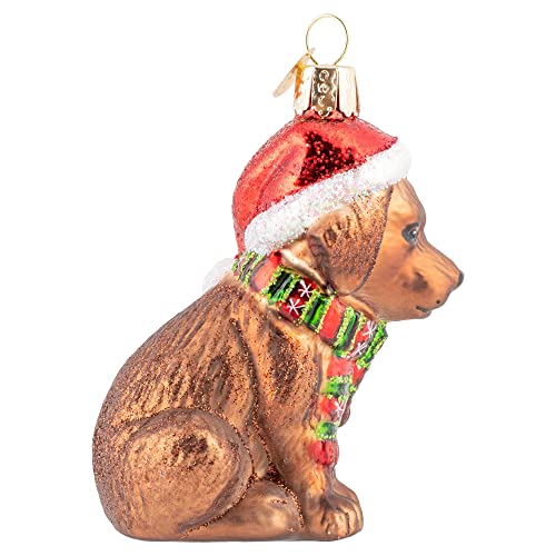 Holiday Chocolate Labrador Pup Glass Blown Ornament - Handcrafted Christmas Tree Decoration