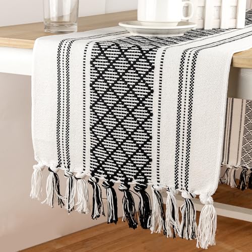 Boho Table Runner and Placemat Set - Black and White, 72 Inch, 6 Pieces