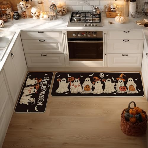 Ghost Bat Halloween Kitchen Mats Set of 2 - Black, 17x29 & 17x59 Inches