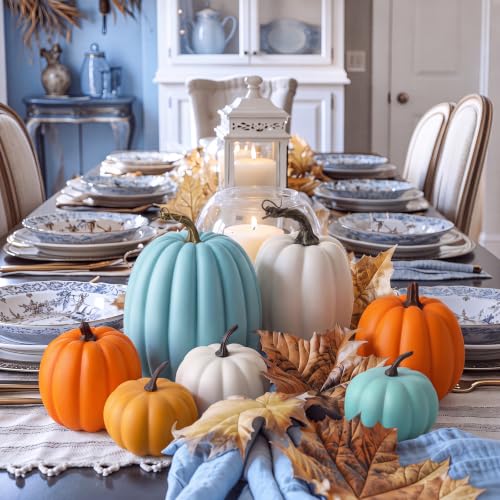 7 Pcs Faux Teal Blue Pumpkin Decor - Artificial Fall Pumpkins for Home & Table Centerpieces