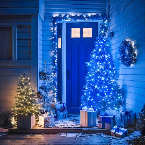 Blue Christmas String Lights - 50 LED Outdoor Mini Lights with 8 Modes & Timer - Waterproof Battery Operated, 16ft