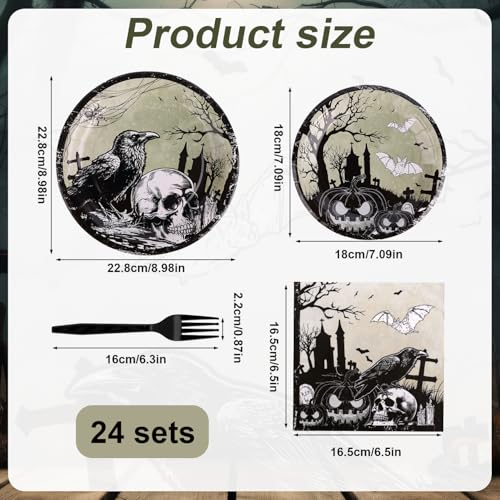 Halloween Tableware Set with Plates Napkins Forks Crow Style for 24 Guests