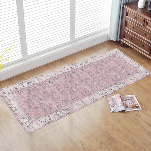 Pink Boho 2x6 ft Washable Hallway Runner Rug - Non Slip Vintage Entryway Carpet
