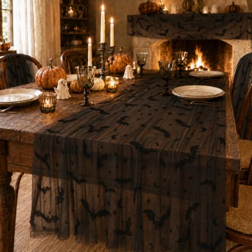 Halloween Table Runner 4Pcs Black Mesh Bat Web Decor 29x72 Inches - Dark Black / Bat Variation