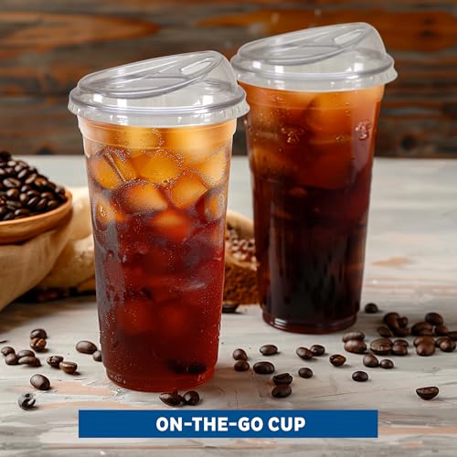 24 oz Clear Disposable Plastic Cups with Strawless Sip Lids - 100 Pack