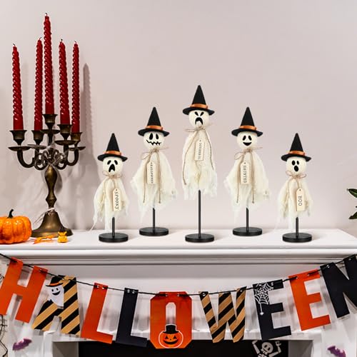 Halloween Ghost Decorations Set with LED Candles - Rustic Wooden Props, Indoor Use