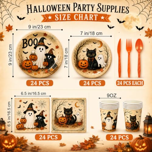 Halloween Party Supplies Set with Plates Cups Napkins Cutlery Ghost Black Cat Design
