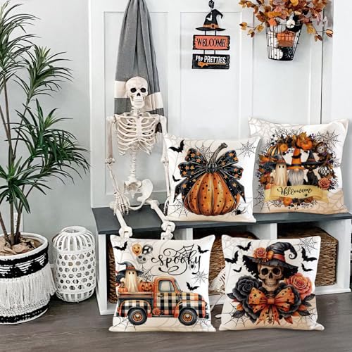 Halloween Velvet Pillow Covers Set of 4 - 18x18 Inch Spooky Cat Pumpkin Ghost Decor - Pumpkin Bow Variation