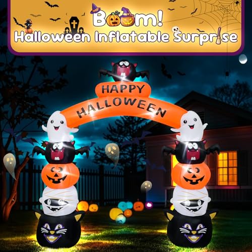 8FT Halloween Arch Inflatable with LED Lights - Ghost Cat Variation