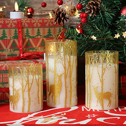 Silver Deer Flameless Glass Candles Set with Remote - Flickering LED Pillars for Christmas Home Decor