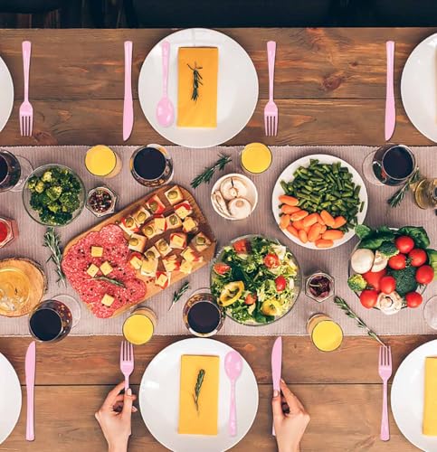 Light Pink Disposable Plastic Cutlery Set for 25 Guests - Knives Forks Spoons
