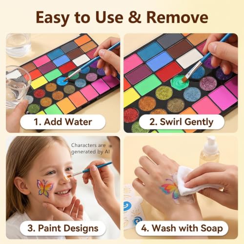 Kids & Adults Water-Activated Face Painting Kit - 42 Colors, Brushes & Stencils