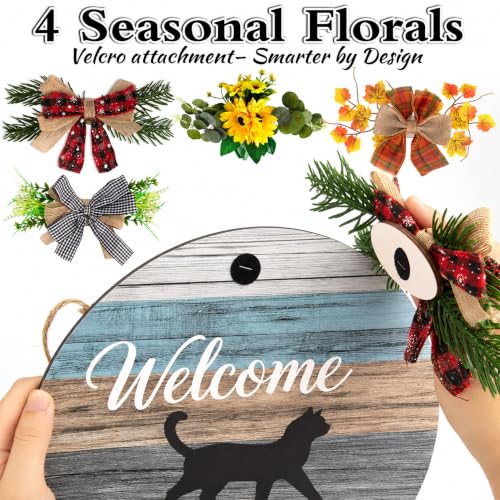 Interchangeable Welcome Sign with Black Cat & Seasonal Wreaths - Landscape, Magnetic Door Decor