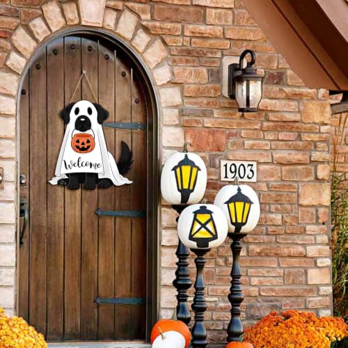 Halloween Ghost Dog Wreath Door Sign - Welcome Halloween Decoration