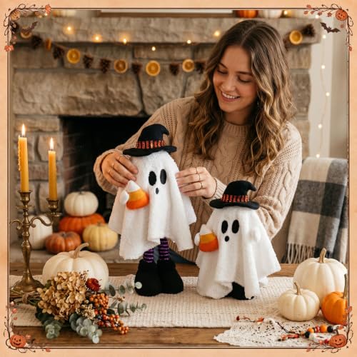 Halloween Ghost Figurines Set - Stretchable 12-16 Inch with Witch Hats & Accents - Corn Style 11.8"