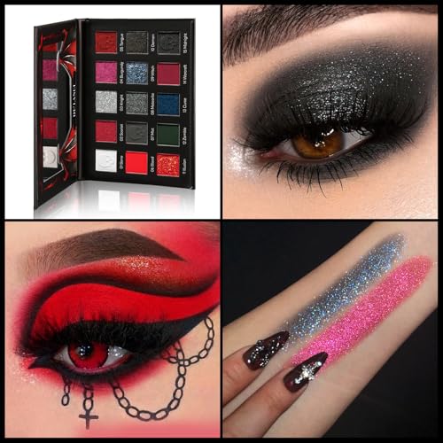 15 Shades Black Red Eyeshadow Palette Goth Halloween Makeup Glitter & Metallic