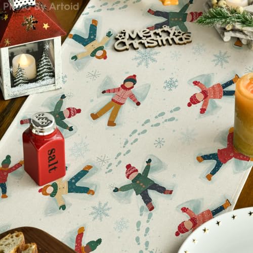 13x72 Inch Snowflake Children Footprints Winter Table Runner Beige - Holiday Kitchen Decor