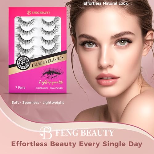Cat Eye False Eyelashes N001 - Wispy Lightweight Fake Lashes with Clear Band, 7-Pair Set
