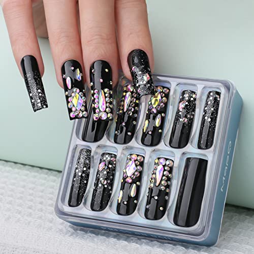 Press On Nails Long Square Black with Rhinestones Glitter - Meteor Shower Variation