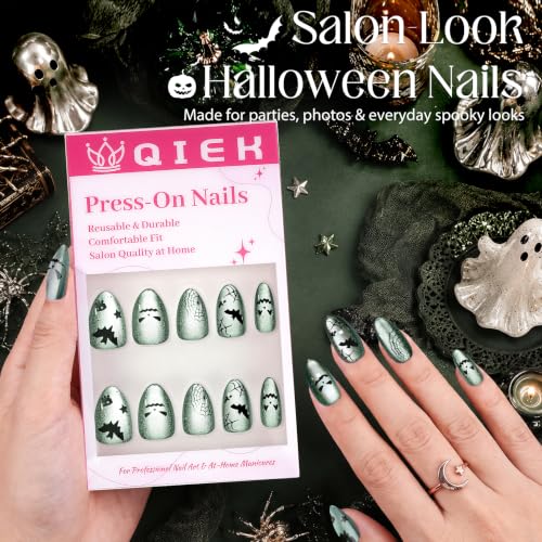 Halloween Press-On Nails Short Almond with Cat Eye Spider Ghost - 32Pcs, Variation 1